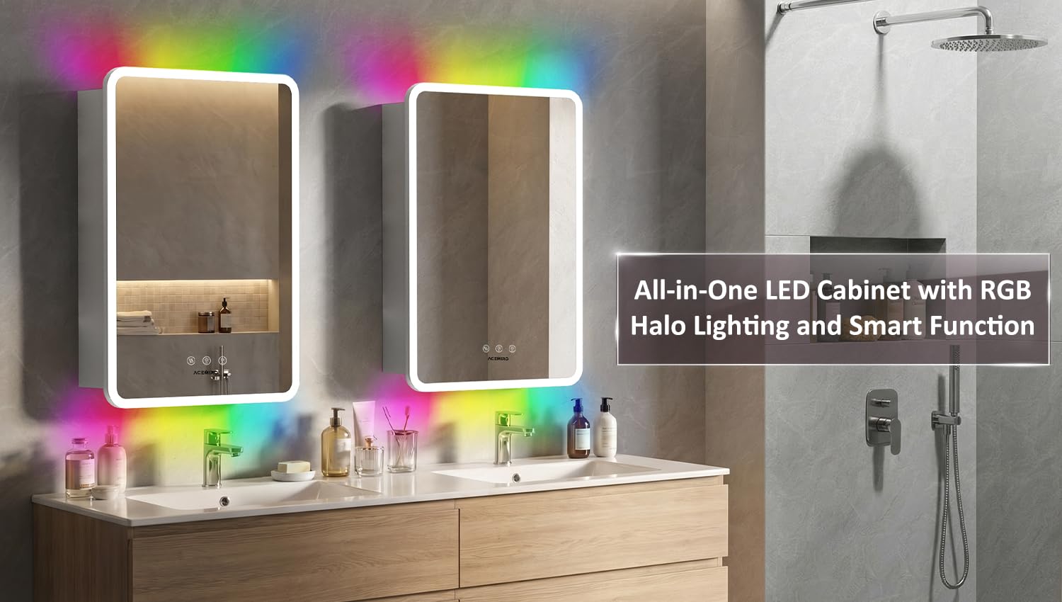 ACEMIRO Botiquín con luces, 20 × 32 pulgadas iluminado botiquín con espejo, botiquín de baño LED con retroiluminación RGB e iluminación frontal, desempañador, atenuación, ajuste CCT, montaje en