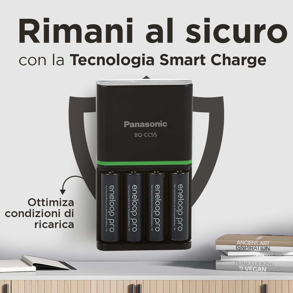eneloop Caricabatterie SmartPlus per Batterie AA/AAA Ni-MH, Include 4 Batterie AA 2500mAh, Ricarica Rapida 2 Ore, con 10 Funzioni di Sicurezza