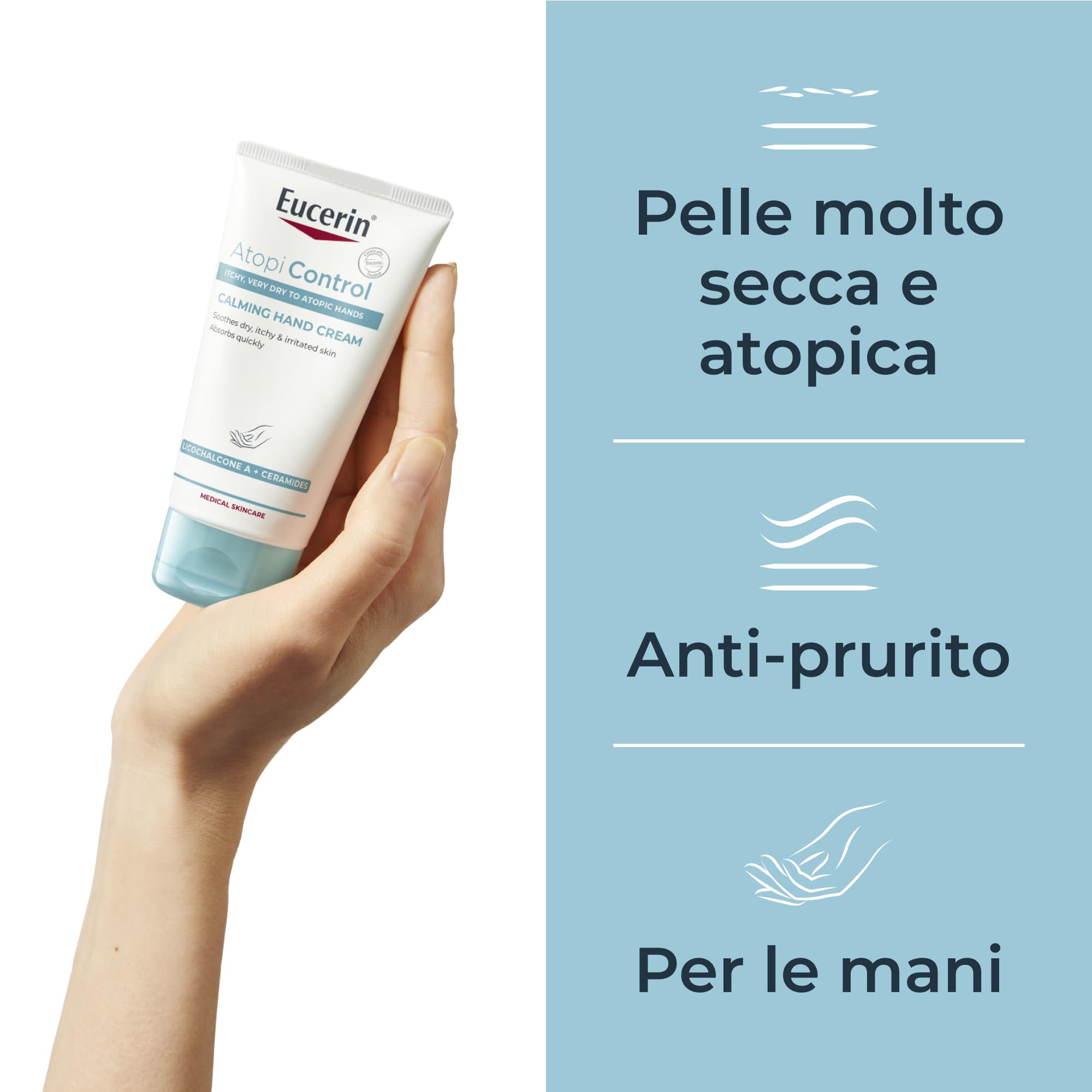 Eucerin Atopi Control Crema Mani Lenitiva 75 ml, Crema dermatite atopica mani per un sollievo immediato, Formula riparatrice con Ceramidi per pelle secca, screpolata, atopica e con eczema