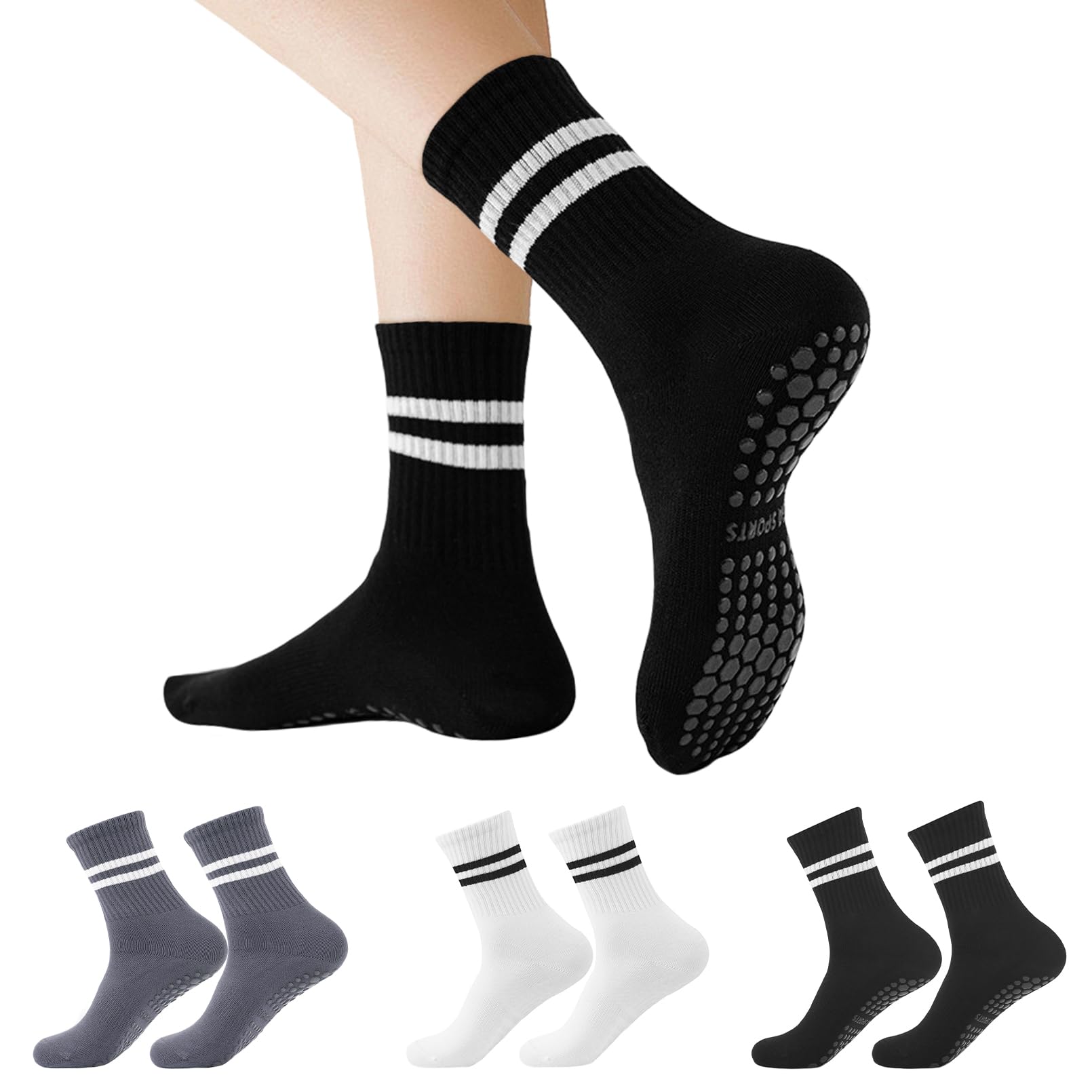 Calzini antiscivolo da donna, per pilates, yoga, 3 paia di calzini antiscivolo per allenamenti di balletto, nero, bianco, grigio, Nero/Bianco/Grigio, 3 paia, taglia unica