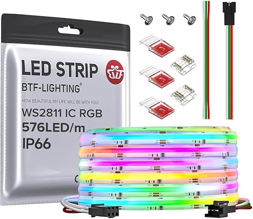 Miniatura 1 de BTF-LIGHTING FCOB IP66 WS2811 IC RGB COB LED Tira de 16.4 pies DC12V 576LEDm Flexible de alta densidad Color Persiguiendo Luz uniforme 16ICm 0.394