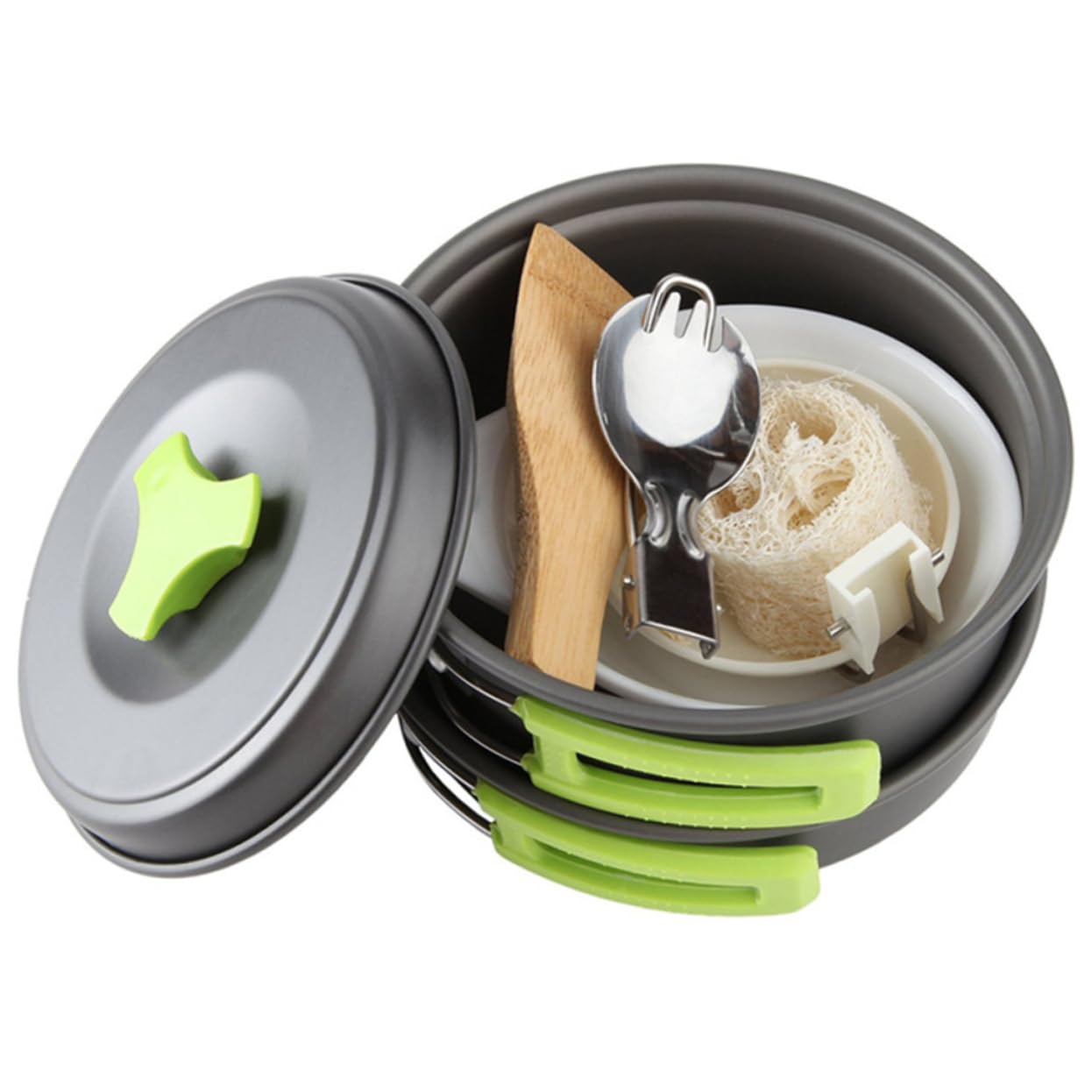 Milisten 10Pcs Outdoor Camping Cookware Set Lightweight Anodized Pot Pan and Bowl Kit for Persons for Hiking Backpacking and Picnics Green Handle