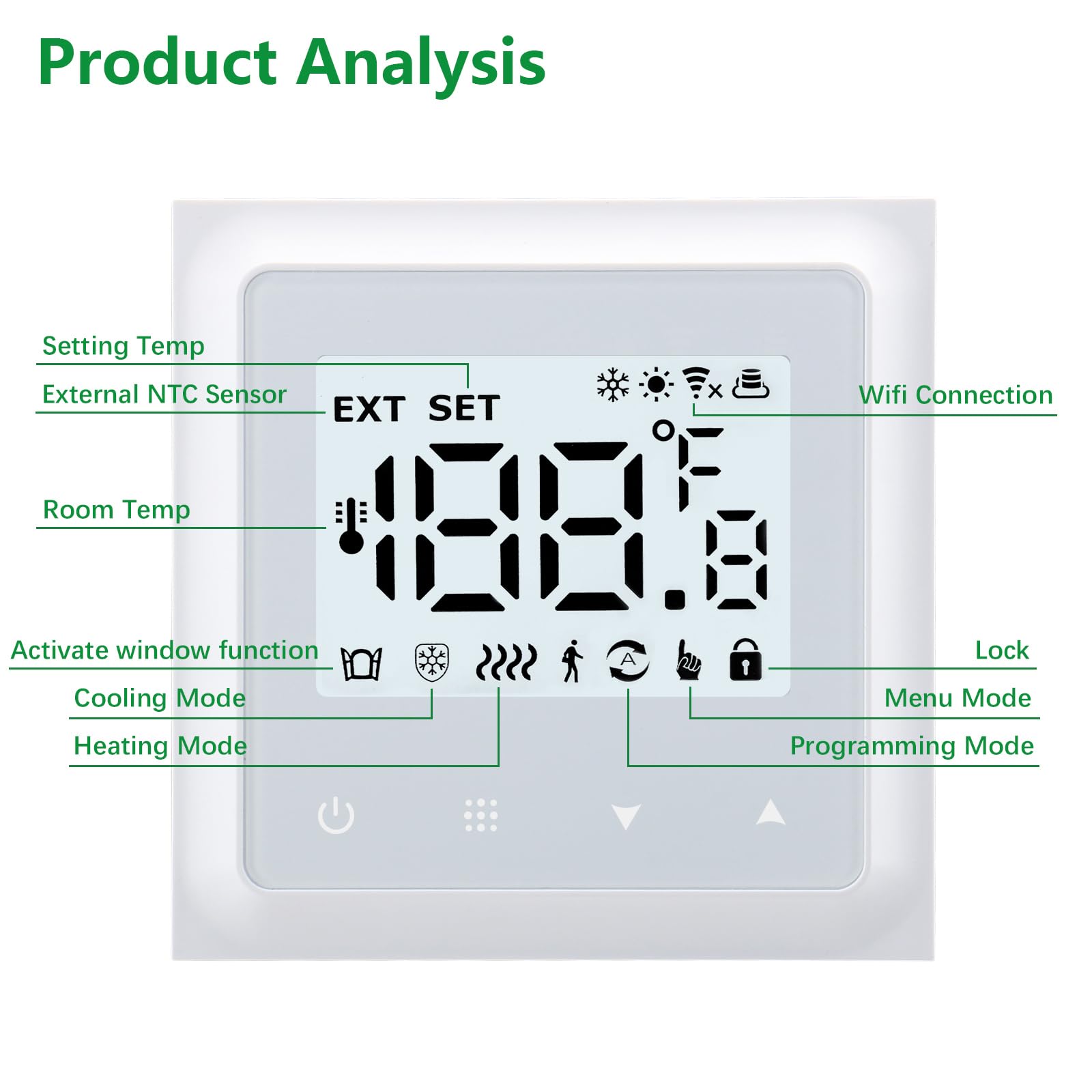 Wengart Termostato WiFi Inteligente WG011, Modo Calor/Frío para Suelo Radiante Y Aerotermia, Detección De Ventana Abierta, Compatible con Tuya Smart Life, Alexa Y Google Home, AC230V 3A, Blanco