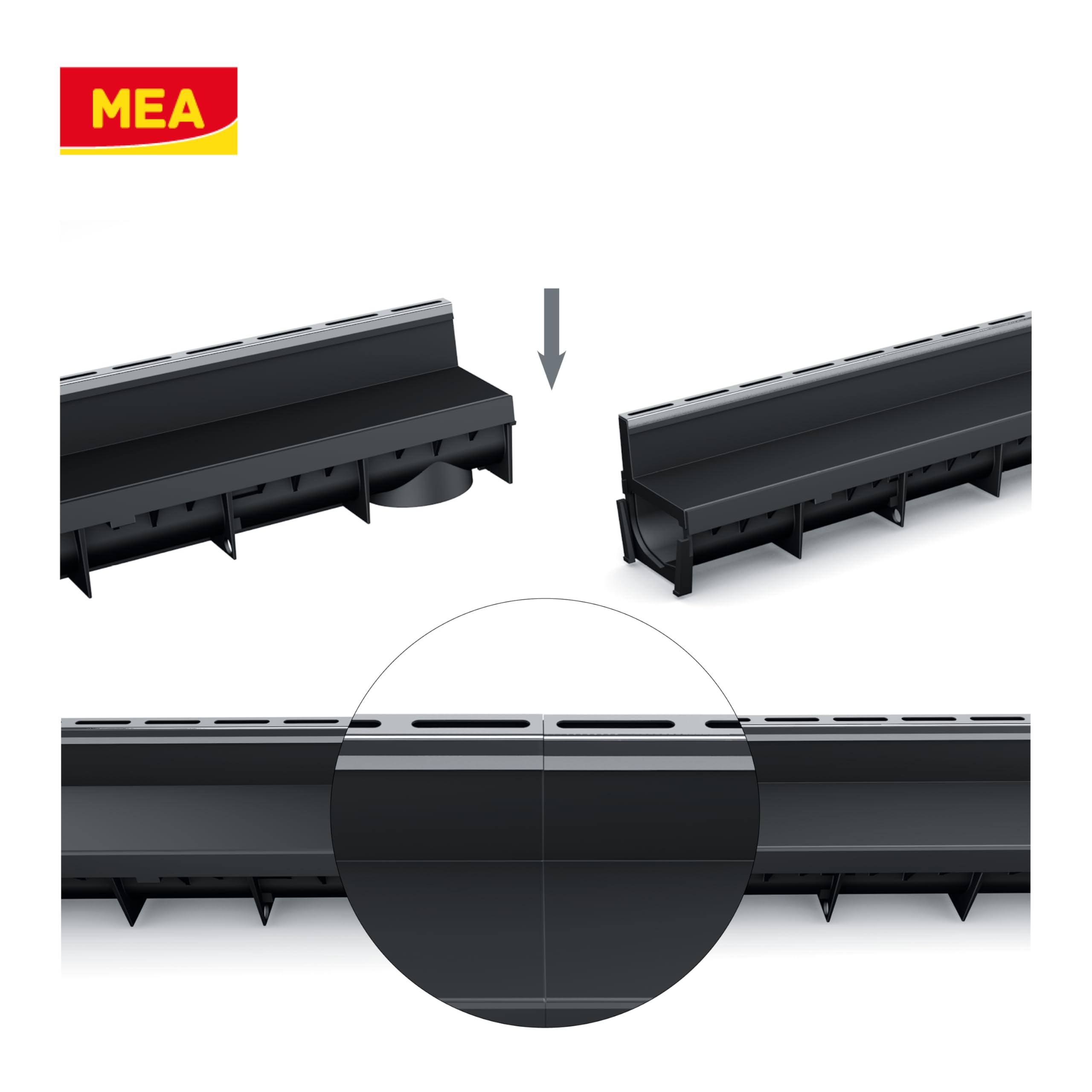 MEA Pack de 9 Caniveaux Extérieurs MEAPARK – Grille à Fente en PP Recyclé + Profil E-Blade R en INOX – Drainage Terrasse, Piscine, Jardin – Classe A15 Piéton – Largeur utile 10 cm
