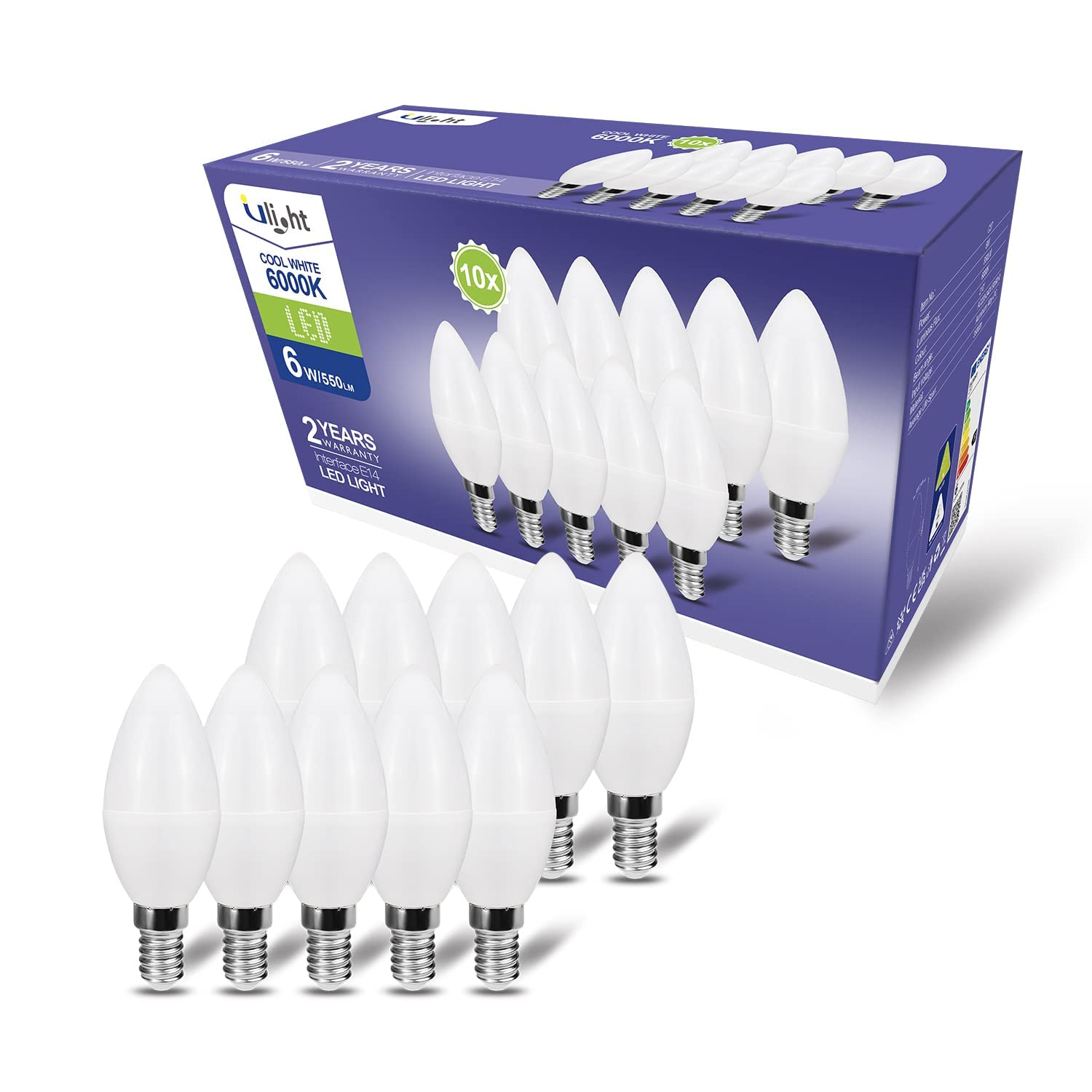 ULIGHT Lampadina LED E14 Oliva, 6W Equivalente a Incandescente da 50W, Luce Bianca Fredda 6000K, 550 Lumen, 220V-240V Non Dimmerabile, Fascio Luce 210°, Confezione da 10 Pezzi