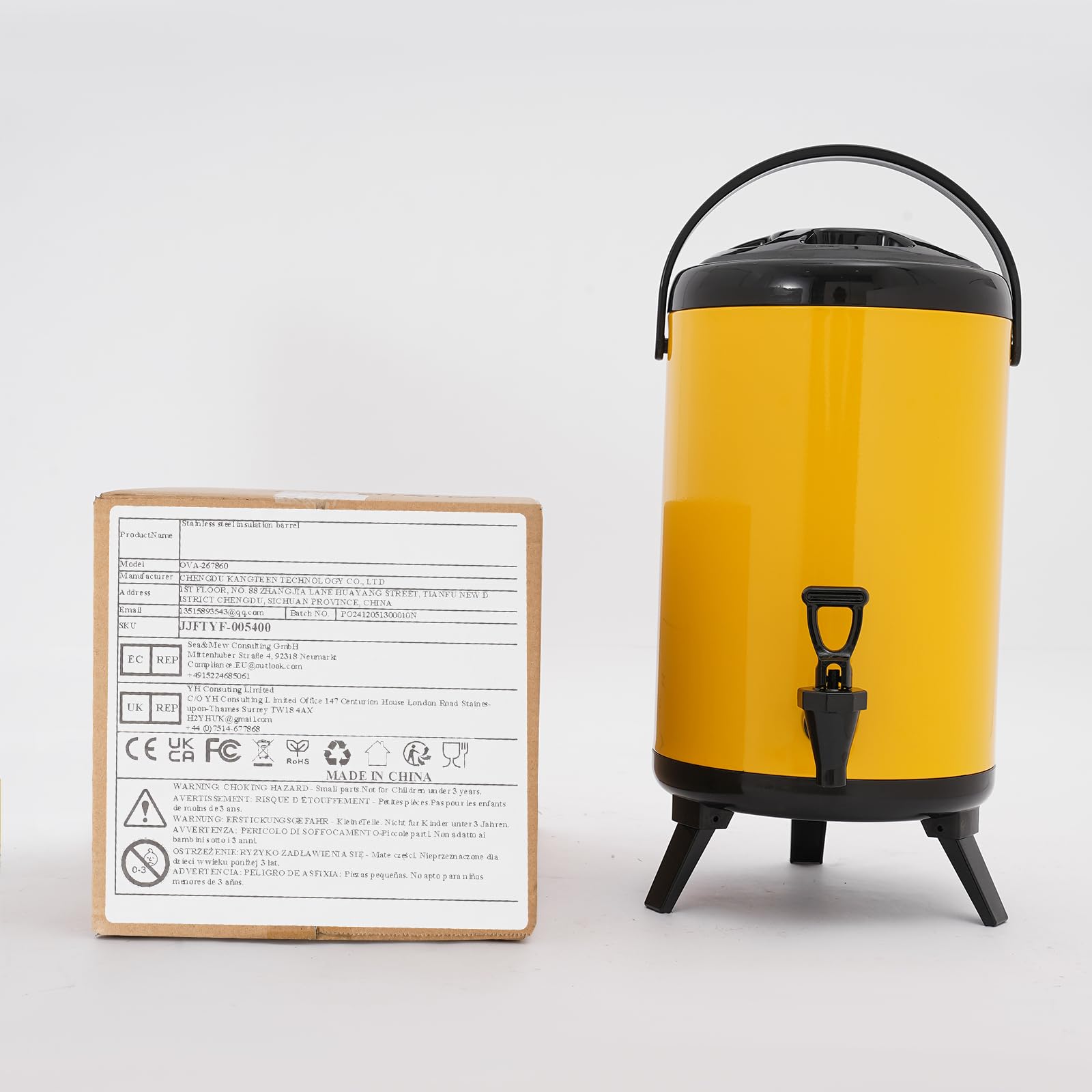 Fût isotherme en acier inoxydable 10 l - Fontaine d'eau chaude et froide avec robinet - Récipient à boissons isolé - Distributeur de boissons pour café, lait froid, eau, jus (jaune)