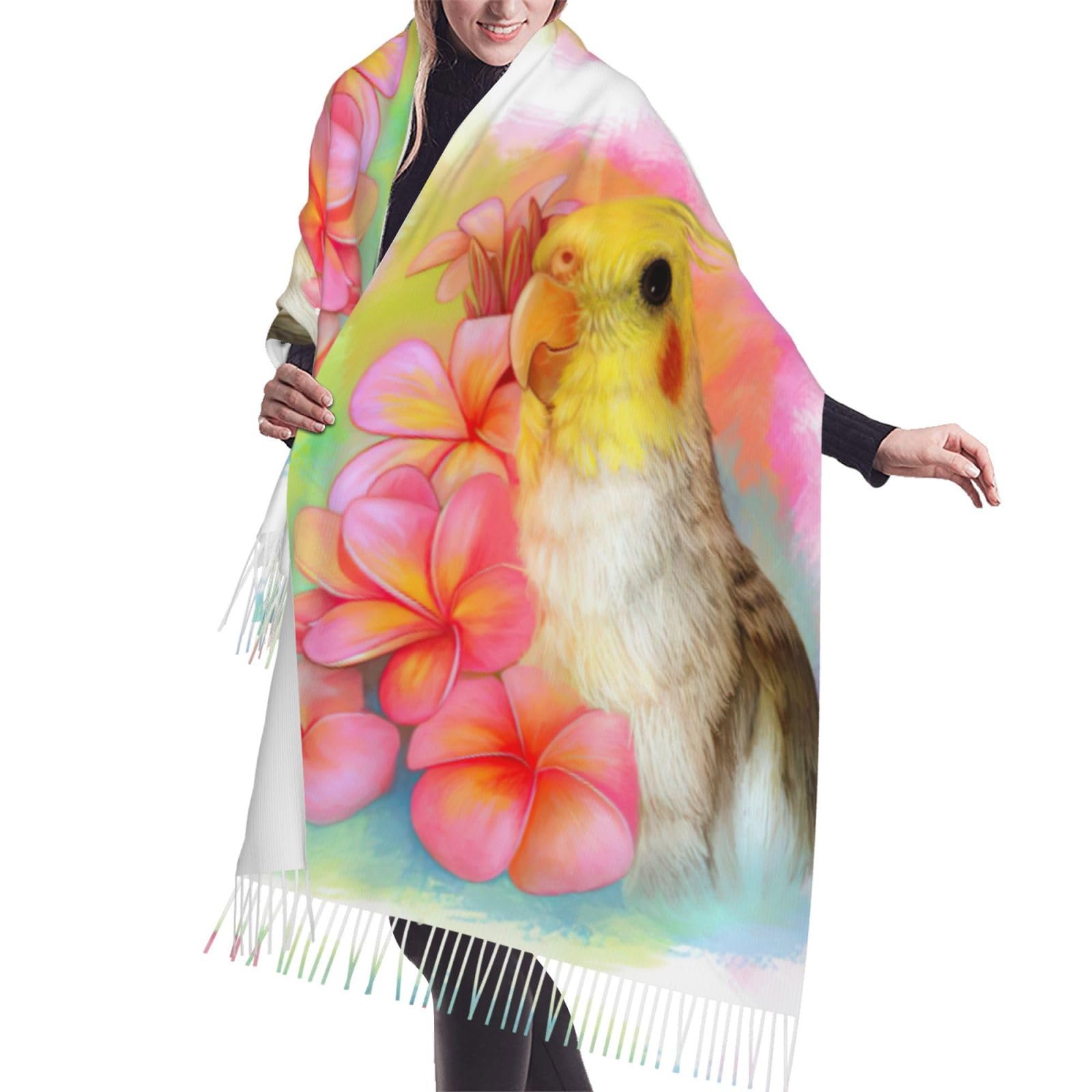 JEJEA Cute Cockatiel Print Print Faux Cashmere Fringe Shawl - Warm Winter Scarf For Women, Soft Cozy Wrap For Cold Weather