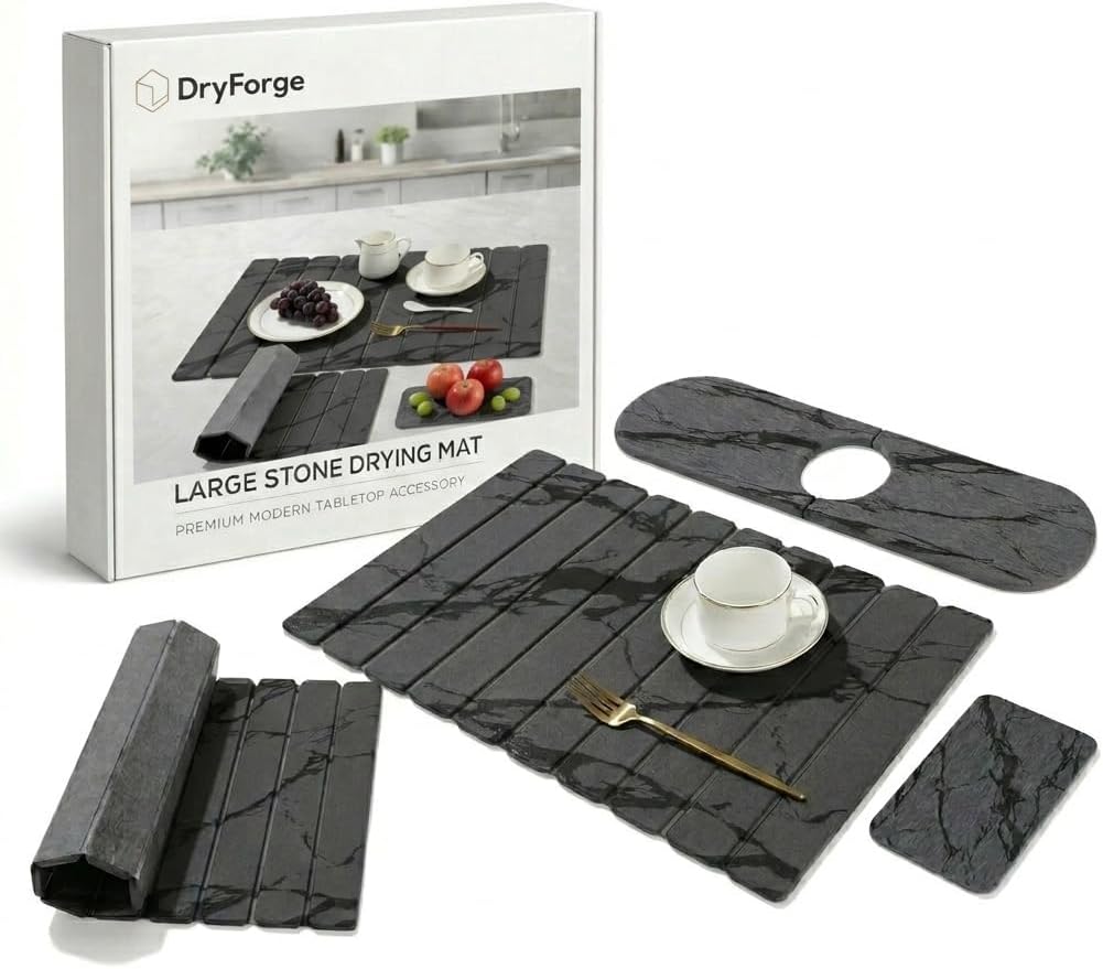 Large Stone Dish Drying Mat for Kitchen Counter, 3 PCS Quick Dry Stone Dishes Mats, Sink Faucet Mat, Foldable Water Absorbing Diatomaceous Earth Drying Pad for Countertop Tableware, Bottles, Utensils
