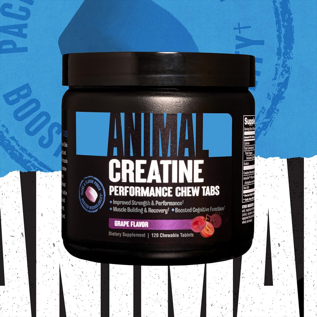 ANIMAL Creatine Performance Chew Tabs Grape - comprimidos masticables con 5 g de monohidrato de creatina por dosis y sal marina para mejorar su efecto - 120 comprimidos