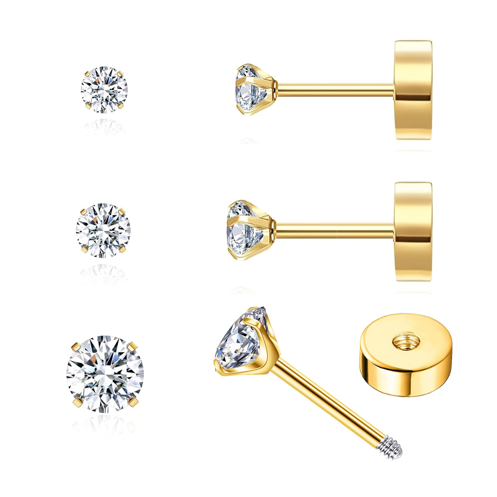 STJARNA つけっぱなし ピアス ネジ式 3ペアセット ジルコニア サージカルステンレス 金属アレルギー対応 目立たない ゴールド メンズ レディース