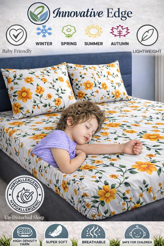 Image of Elasticated King Size Bedsheet - Cotton Feel Glace Fabric, Ultra Soft Fitted Sheet for 6 to 8 Inch Mattress, Durable & Breathable (Floral Otange)