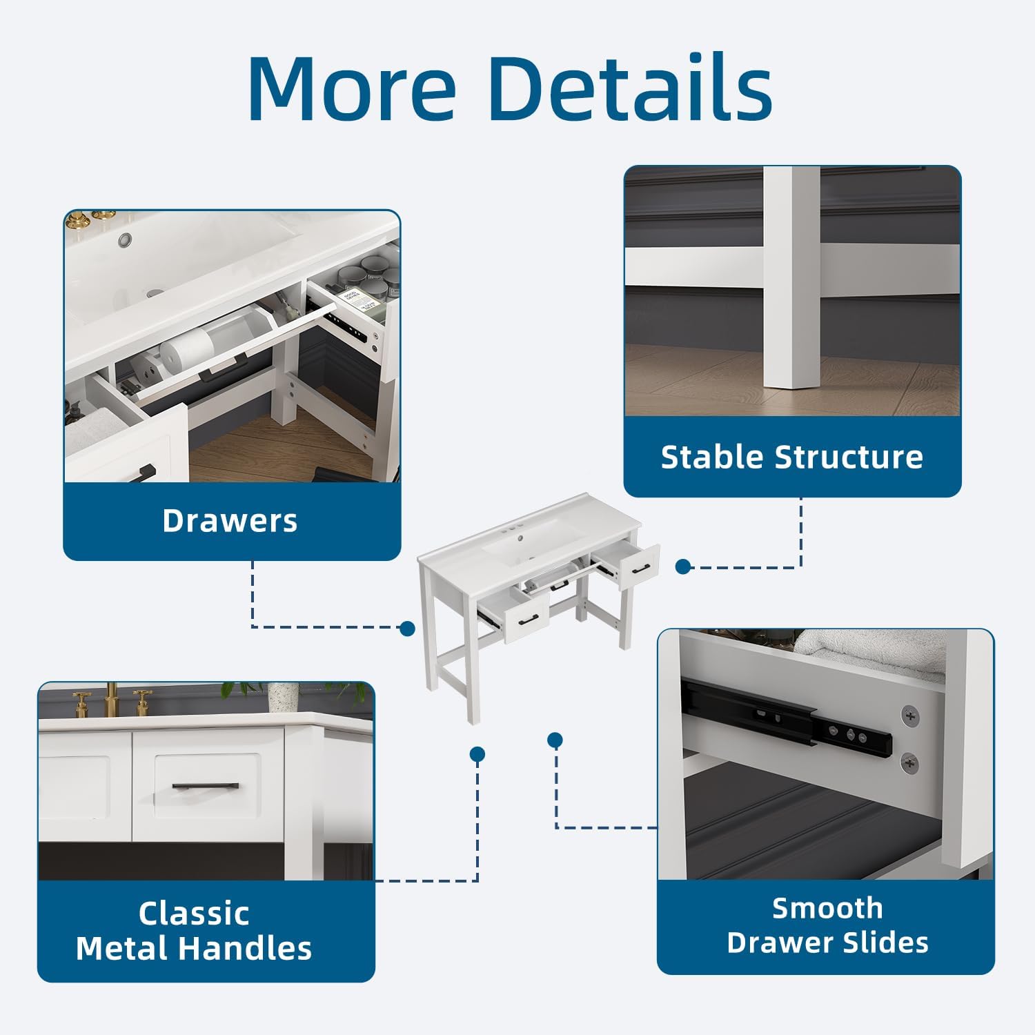 Findepot 48 Inch ADA Compliant White Bathroom Vanity with Sink Ceramic, Spacious Cabinet Featuring Two Large Drawers & a Flip Drawer for Wheelchair Accessibility
