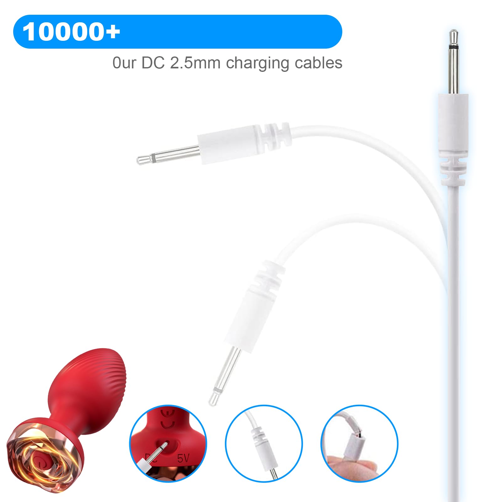 2 Cavi Di Ricarica USB 2.0 A DC 2,5 Mm - Lunghezza 0,8 M, Bianco, Con Nucleo In Rame - Per Vibratori E Dispositivi Elettrici Con Spina Rotonda