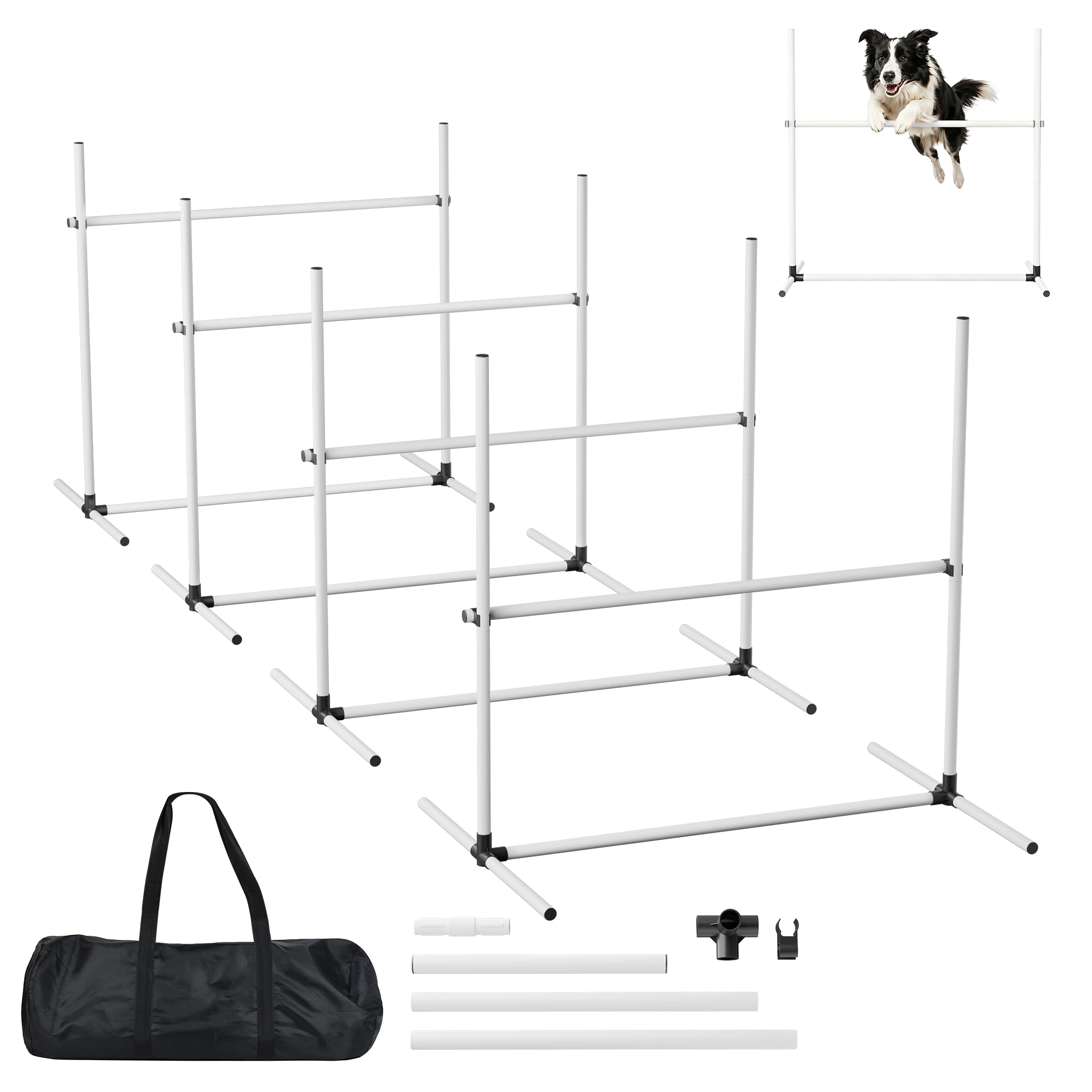 XMTECH 4-TLG. Hunde Agility Set Training Hundesport, Höhenverstellbar, Inklusive Tasche, PVC Hundetrainingsset, Weiß