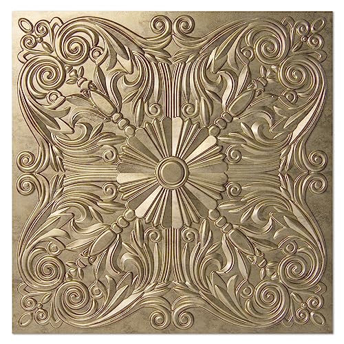 Image of Art3d Spanish Floral Drop Ceiling Tiles, 24 x 24 in, 12-Pack, Antique Gold
