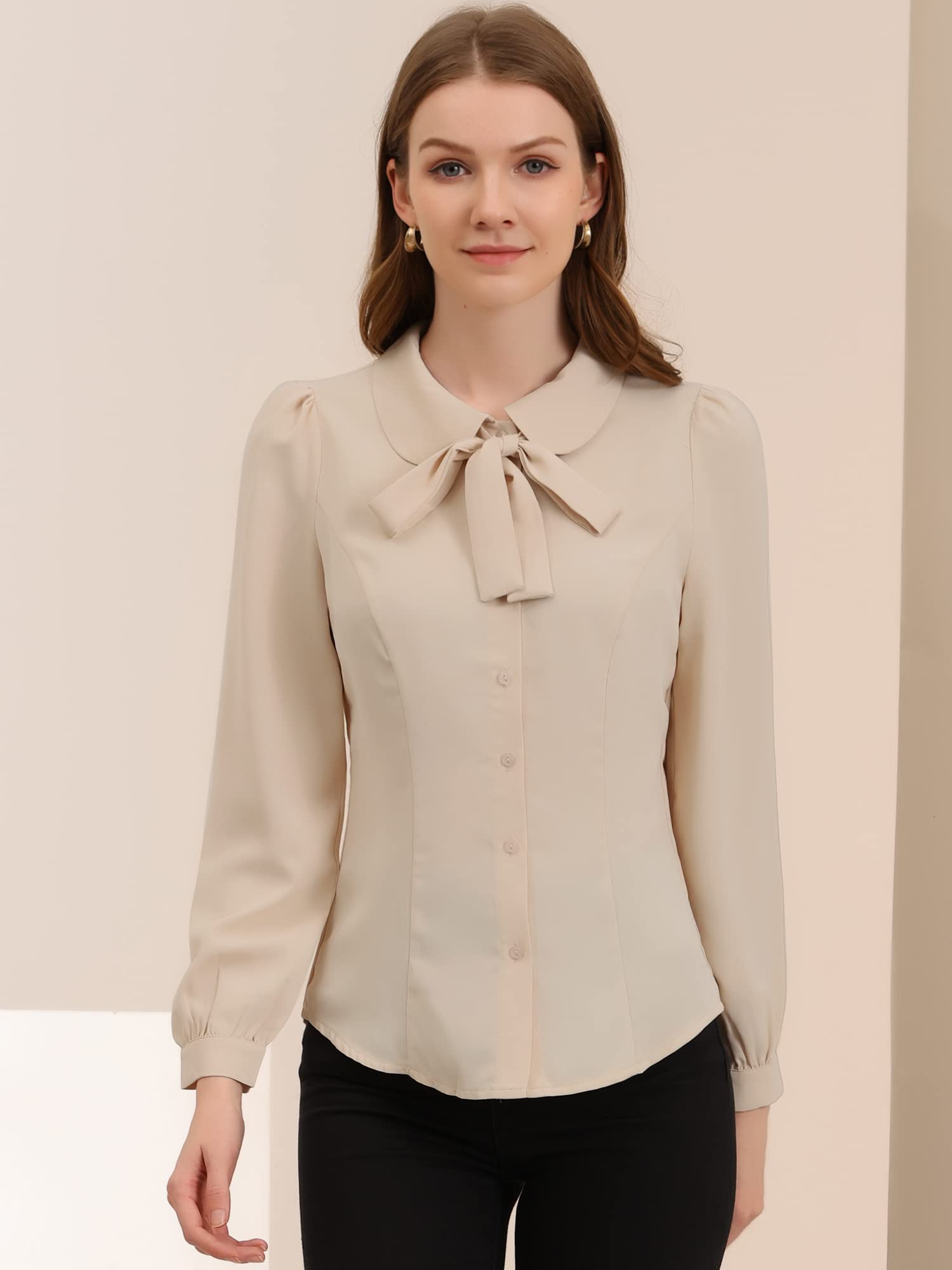 Allegra K Donne Peter Pan Colletto Camicia AutoChiudente Collo Bottone Giù Lavoro Ufficio Top Blusa