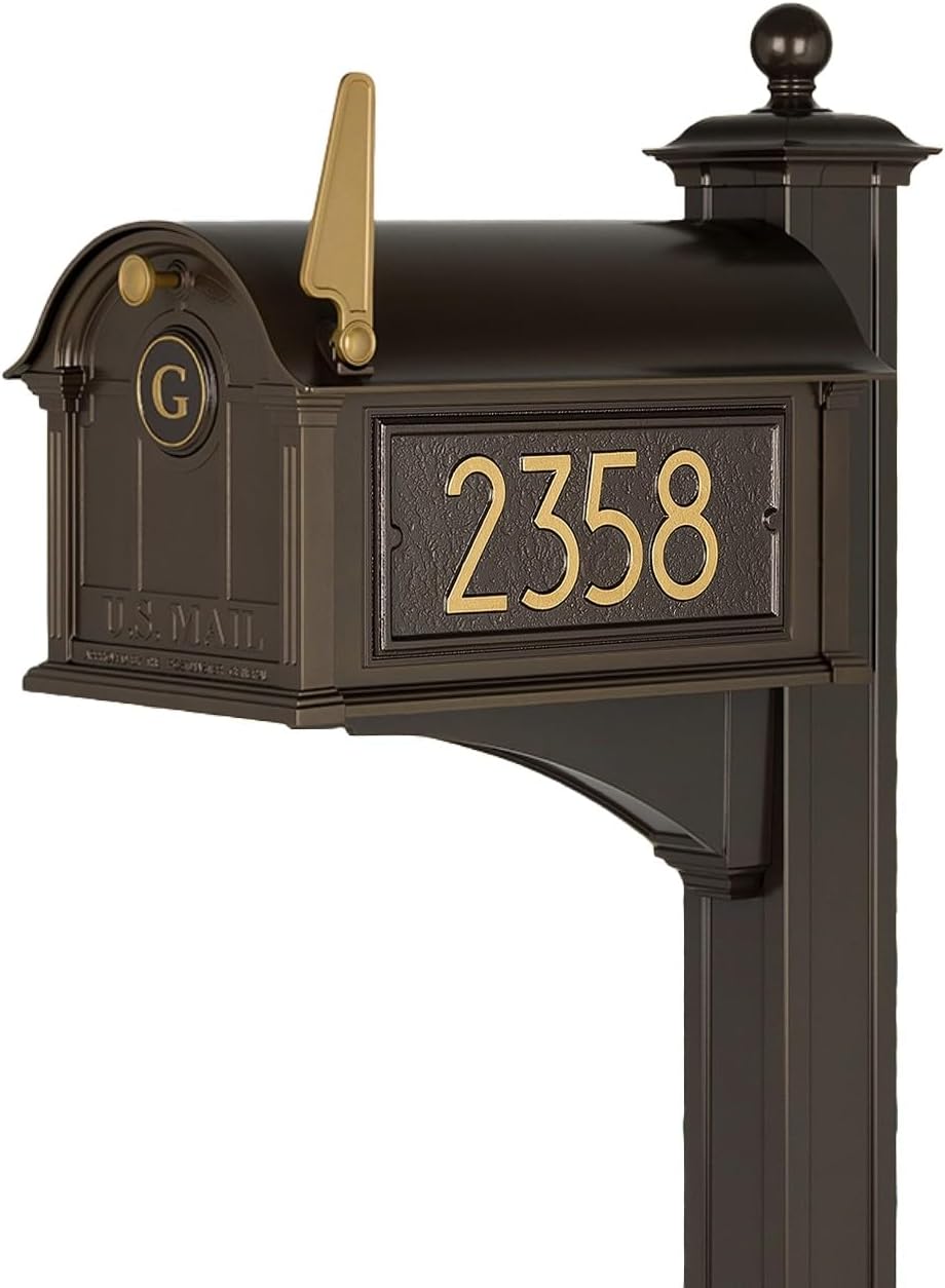 Whitehall Custom Extra Large Mailbox - Balmoral Model with Modern Style Address Plaques, Monogram and Side Mount Post Package, Sand Cast Aluminum, Black Personalized in Goldtone