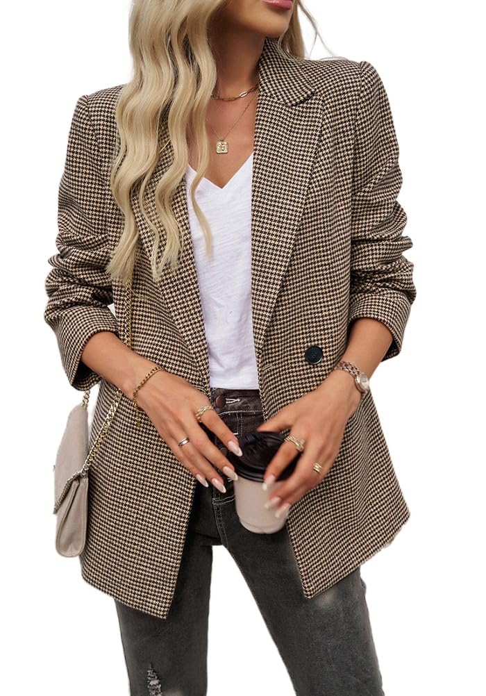 Womens Casual Blazer Open Front Lapel Houndstooth Jacket Plaid Blazers Bussiness Work Office Suits with Pockets