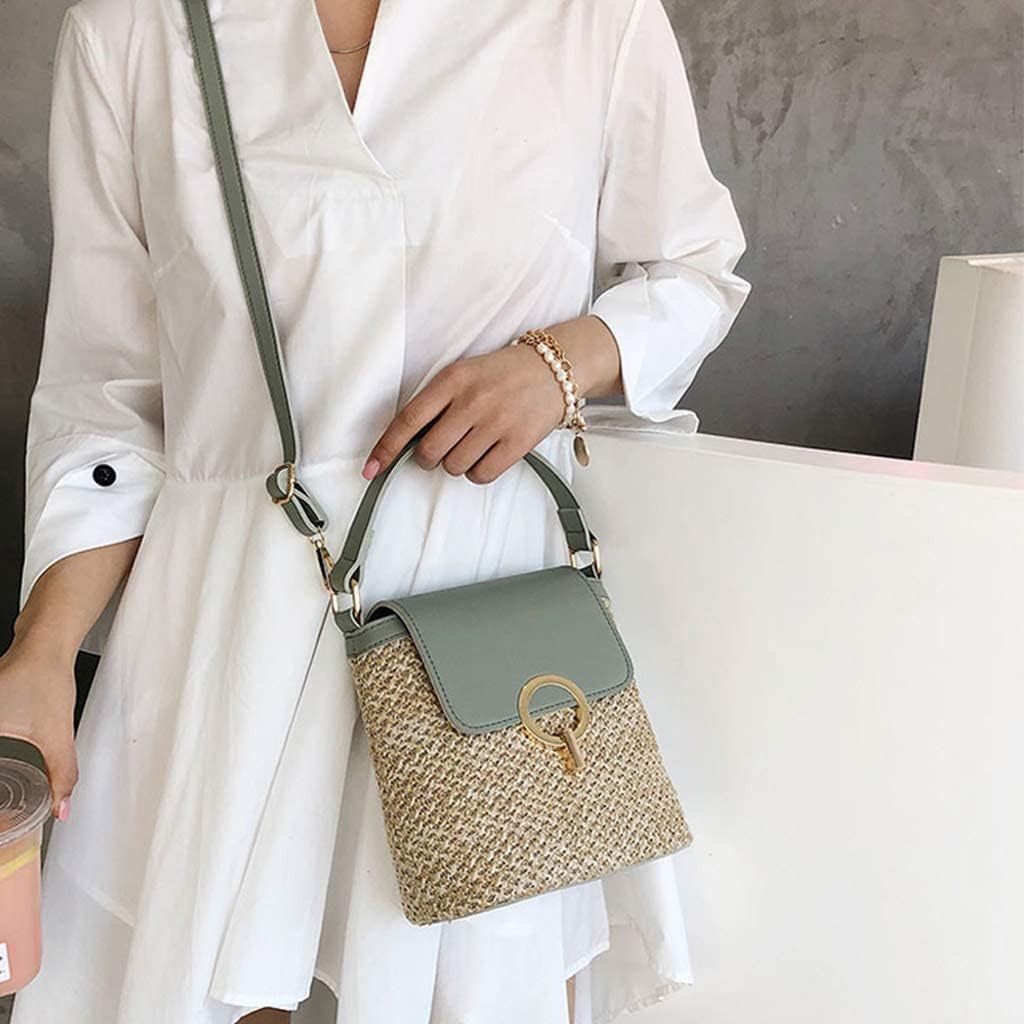 Beach Bag Straw Bags Hand-Woven Straw Bag, Women Fashion Handbag Shoulder Bag Ladies Straw Bucket Summer Crossbody Tote White (Color : Brown)