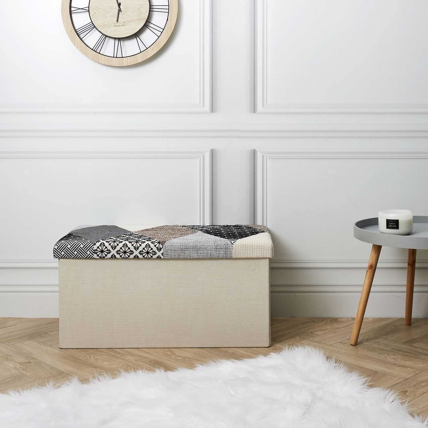 HOME DECO FACTORY Chest, Bench, Patchwork, Grey, Bench, Foldable, for Living Room, Bedroom, Dining Room, Multicoloured, 76 x 38 x 38 cm