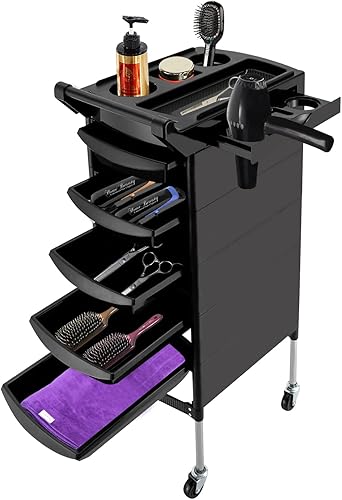 Miniatura 1 de Carrito de salón de belleza de 6 niveles con mango+ruedas rodantes bandeja de almacenamiento con 5 cajones peluquería peluquería herramienta