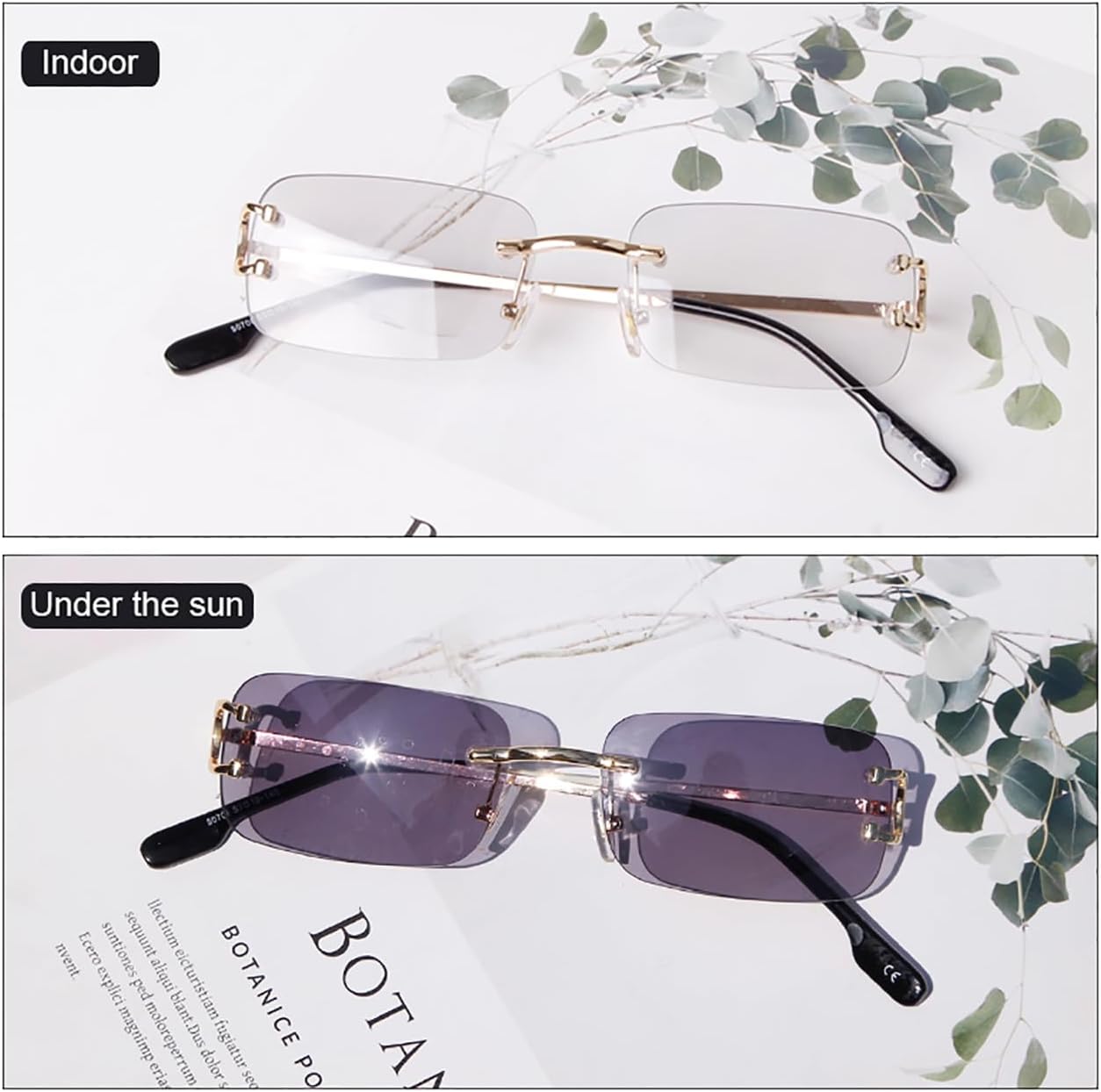 SDINM Photochromic Sunglasses for Men Women Rimless Clear Glasses Small Narrow Rectangle Lens - Image 4