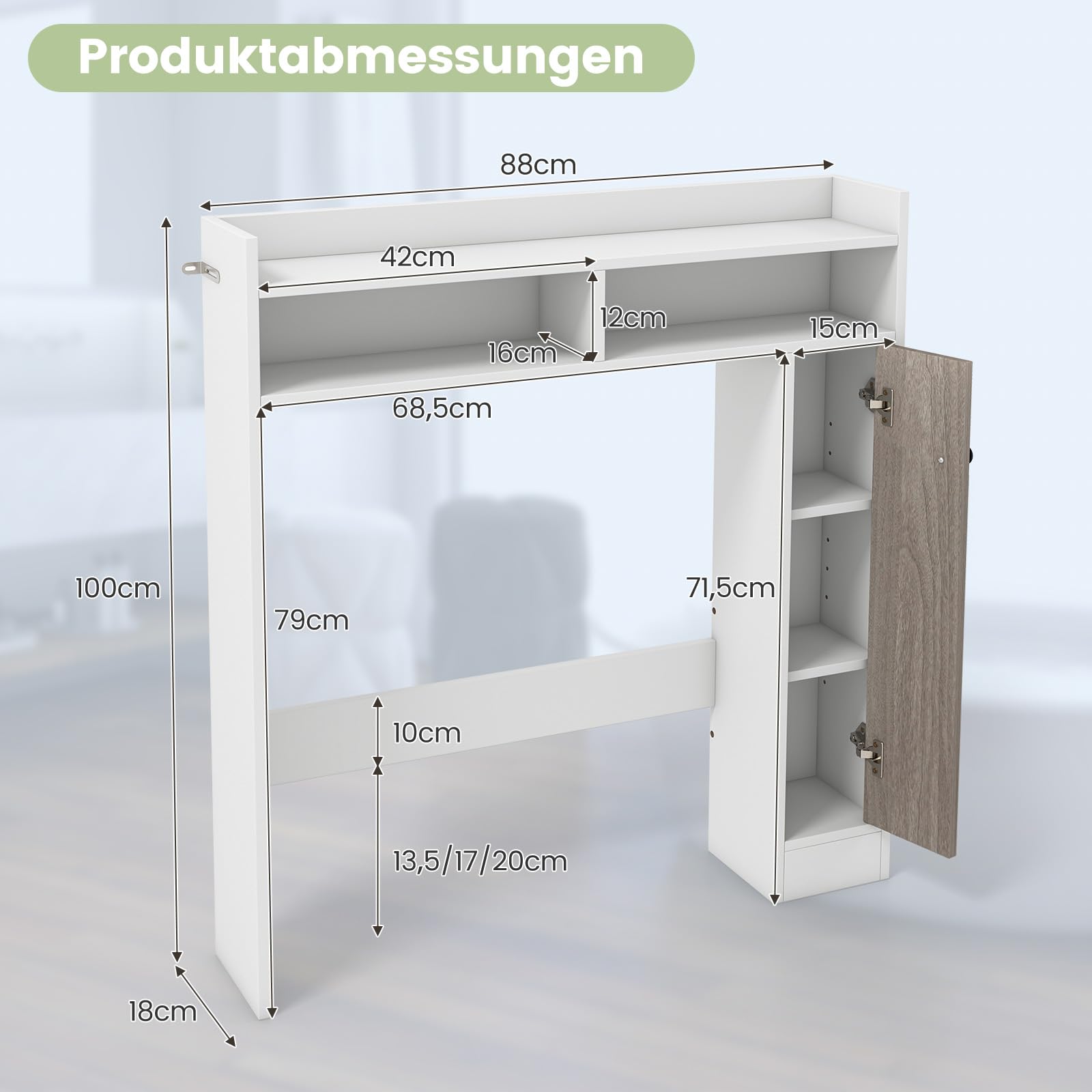 COSTWAY Toiletkast, badkamerbovenbouwkast, toiletrek met verstelbare planken, badkamerrek, hout, badkamerkast, vrijstaand, 87,5 x 18 x 98 cm (wit