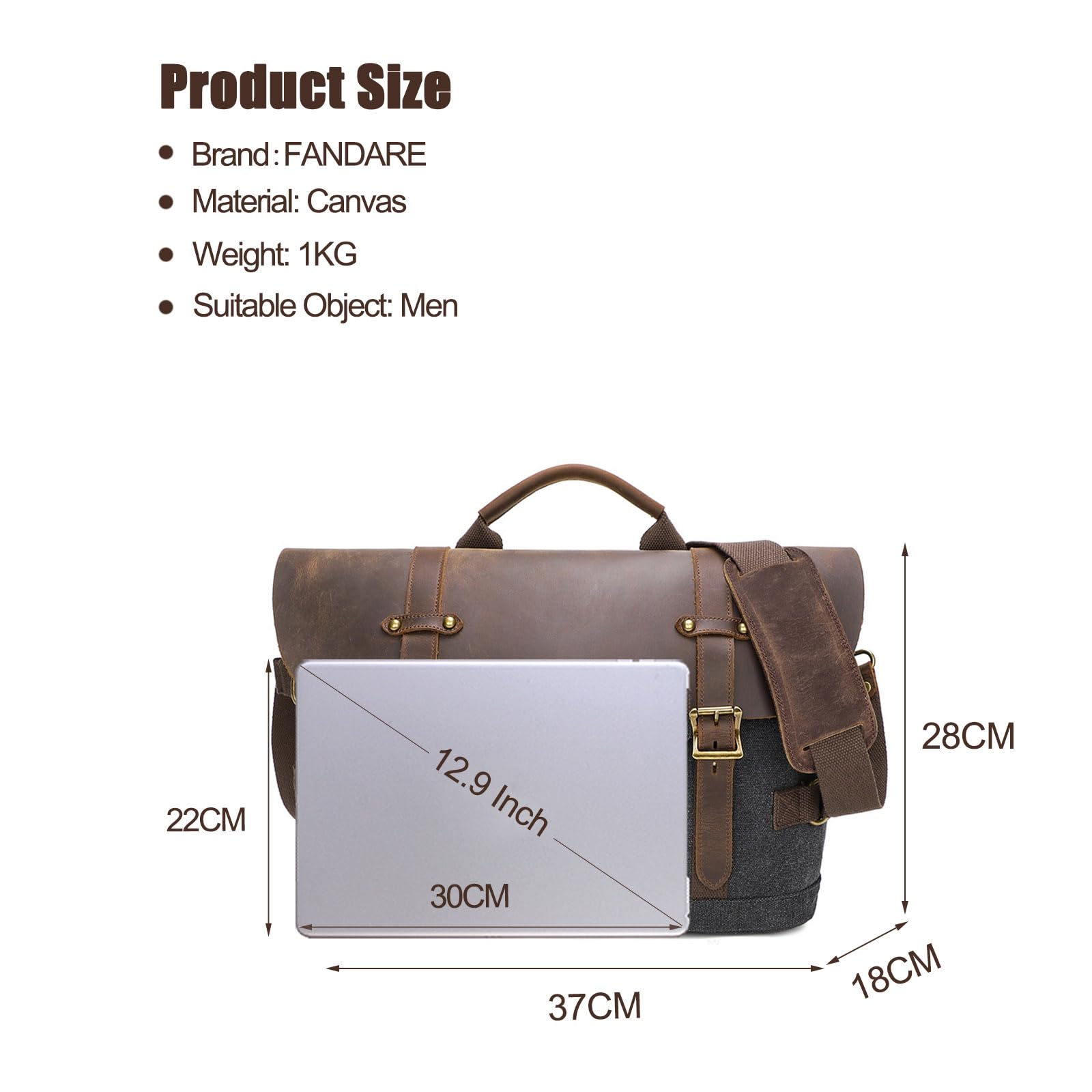 FANDARE Herren Aktentasche Umhängetaschen Groß Arbeitstasche Messenger Bag Herren Arzttasche Retro Tragetasche Aktenkoffer Herren Tote Bag Lehrertasche Notebooktasche für Reisen Geschäft Dunkelgrau