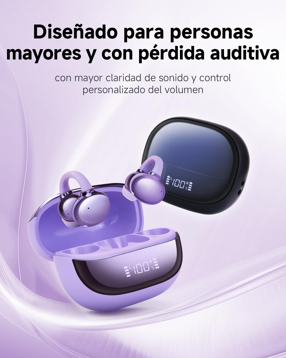 W-A2 Amplificador de audición con clip de oreja abierta | Caja de carga LED con pantalla digital, ajuste seguro y cómodo, amplificación de sonido clara y natural