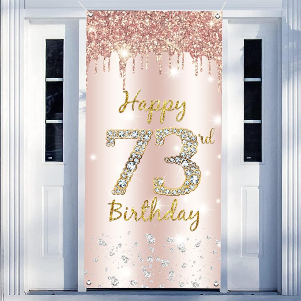 73. urodziny dekoracja damska, Happy 73rd Birthday Door Banner różowe złoto, 73. urodziny tkanina tabliczka plakat dekoracja drzwi, 73. urodziny tło baner damski, przyjęcie urodzinowe tabliczka