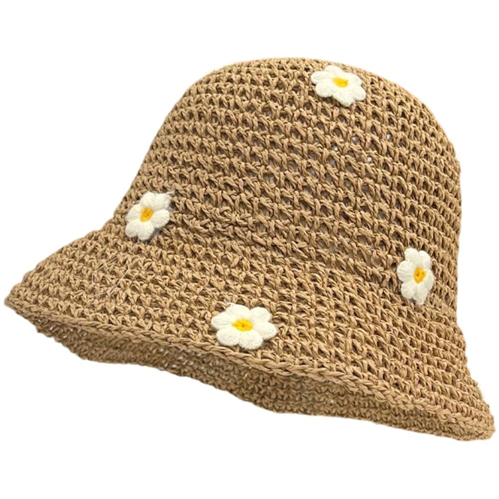 Sslvya Summer Straw Sun Hat for Women Outdoor Sun Protection Floppy Bucket Hat Floral Woven Beach Hat for Summer Travel Vacation