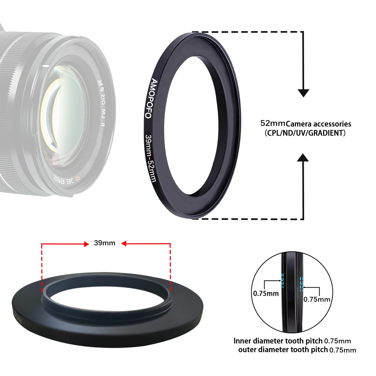 39 do 52 mm metalowy pierścień filtra, 39-52 mm Step up adapter filtra pierścień – od aparatu obiektyw z gwintem filtra 39 mm na pierścień filtrujący 52 mm