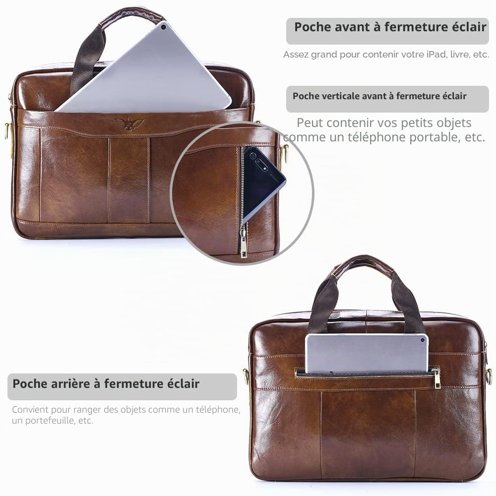 Sacoche Ordinateur Homme Cuir Véritable 15,6 Pouces Bandoulière Sac Porte Document Business