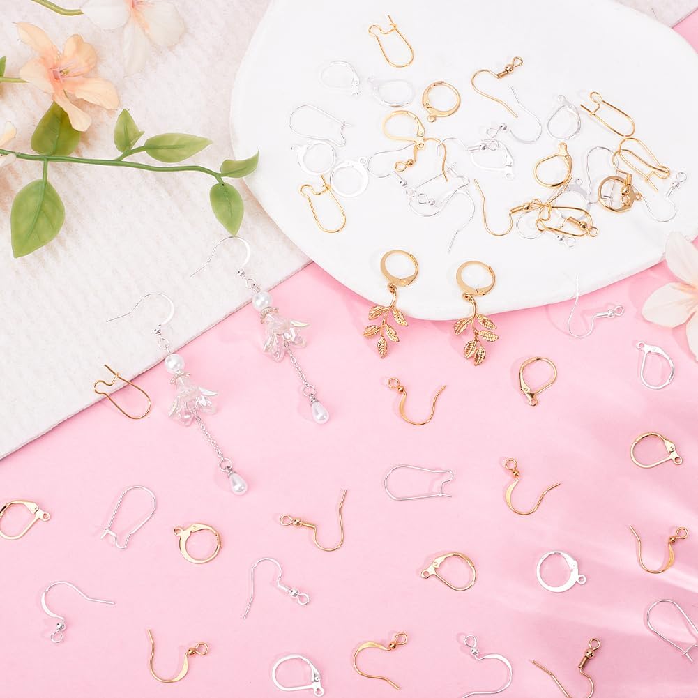 Beebeecraft 60Pcs 10 Styles Leverback Earring Hooks Kidney Earwires Fish Hook French Ear Wires Findings 18K Gold & 925 Sterling Silver Plated for Jewelry Making