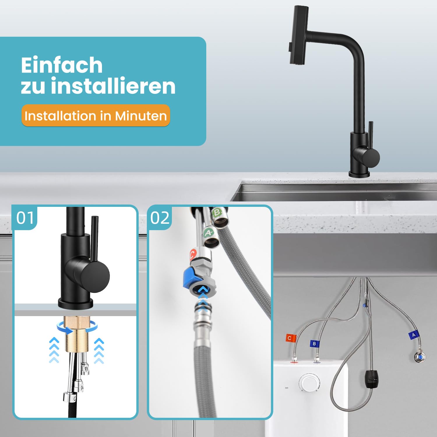 Niederdruck Armatur Küche Ausziehbar,Schwarz Edelstahl | Wasserhahn Küchenarmatur mit 3 Anschluessen für Boiler/Untertischgeräte,360° Drehbare Armatur, 3 Modi Brause