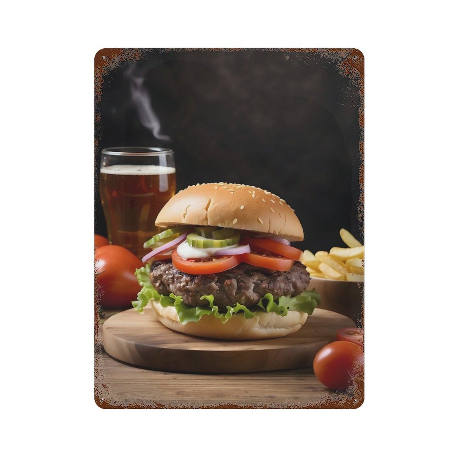 Vintage Rust Metal Sign Burger And Beer 15.7"x11.8", Novelty Wall Decor for Garage, Bar And Workshop Decor