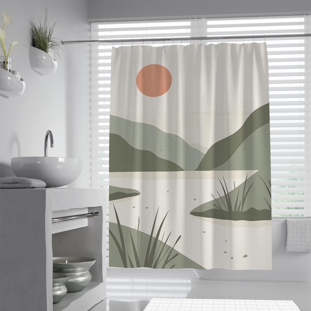 UIRINGART Landscape Shower Curtain W120xL180cm Bath Curtains Mid Century Modern Sun Green Mountains Mildew Mould Resistant Polyester Fabric Bathroom Tub Screen With Hooks