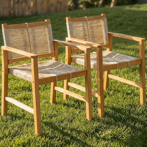 Image of Heritage Woven Rope Eucalyptus Wood Armchair, Set of 2 Oversized Wide Backrest for Enhanced Comfort - Handcrafted Outdoor Patio Dining Chairs, Solid Eucalyptus Boho Seating for Deck, Porch & Backyard