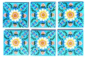 Shiv Kripa Blue Pottery Ceramic Handmade Tiles (Multicolour, 4 x 4-inch) - Pack of 6