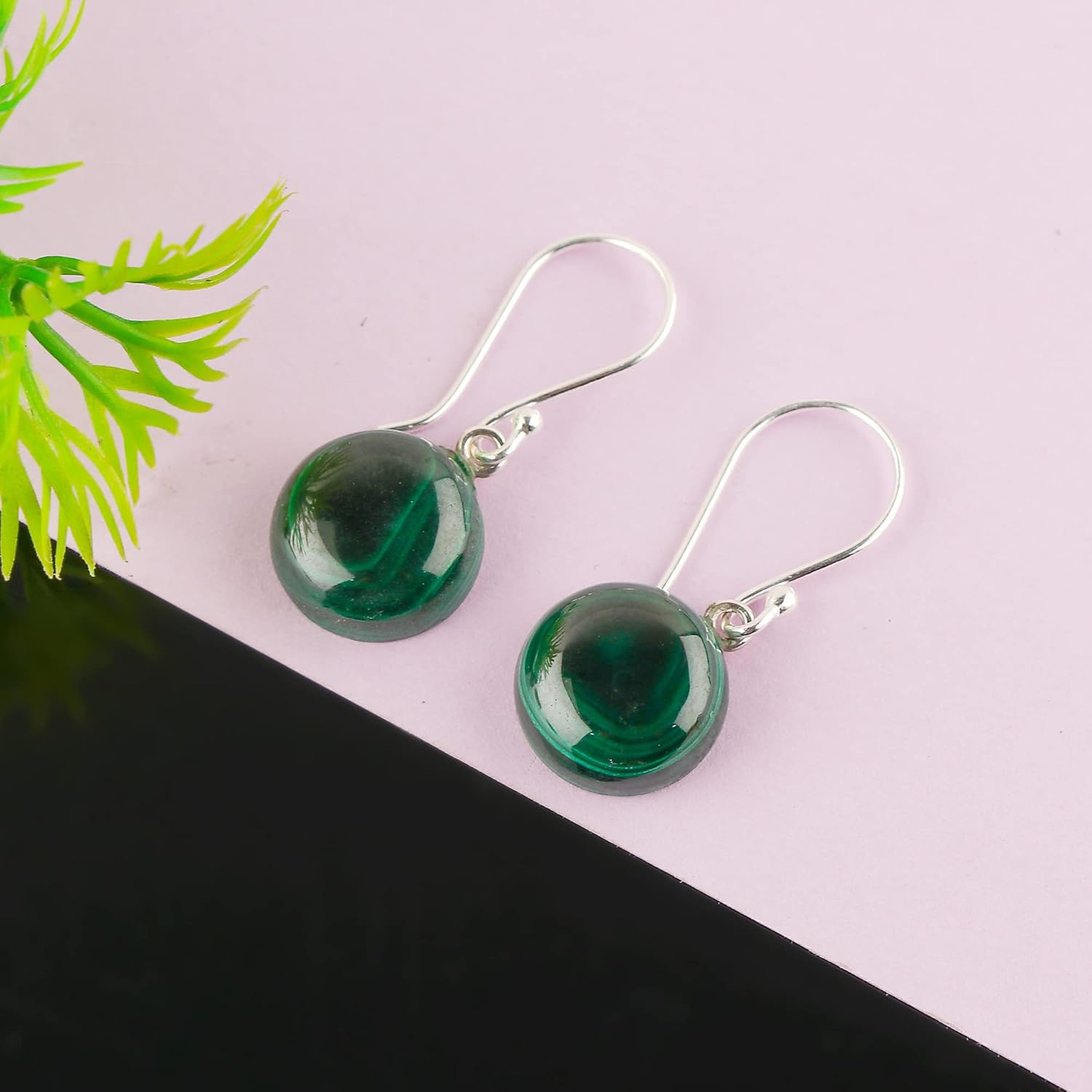 925 Sterling Silver Designer Earrings, Genuine Malachite Round Shape Gemstone Dangling Earring, Boho Handmade Jewelry, Birthstone, Elegant Statement Girls Earring, Birthday Gift - Image 5