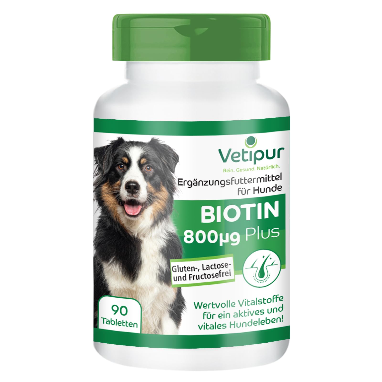 fairvital Vetipur Biotin Tabletten für Hunde, 90 Tabletten, schluckfreundlich, Biotin Komplex 800µg, mit Kupfer, Zink und andere B-Vitamine, Futterergänzung für Hunde