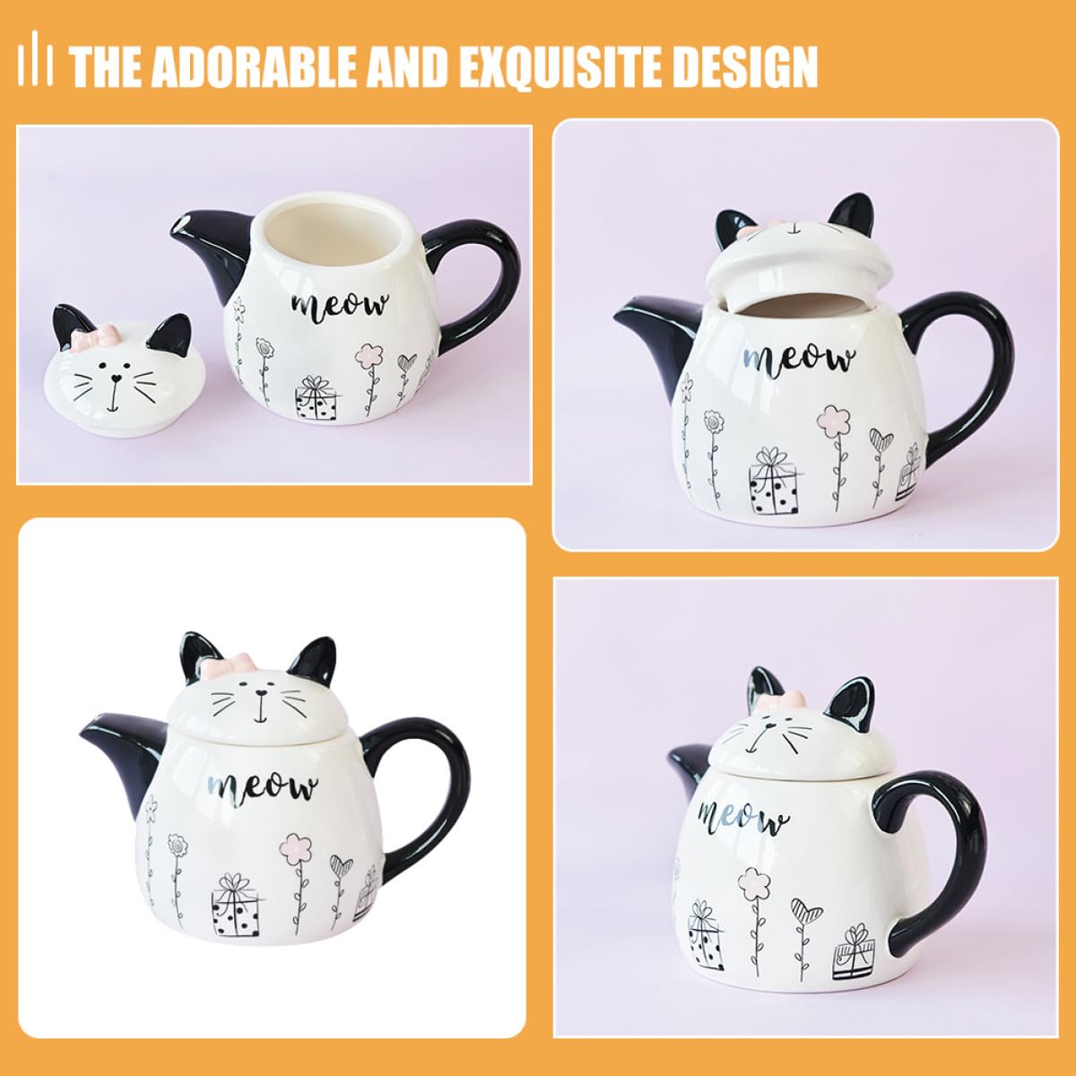 Tetera de Cerámica Portátil Forma de Gato Decorativo Diseño Ergonómico con Bordes Suaves para Amantes del Té y Regalo Práctico para Aficionados Mascotas y Té