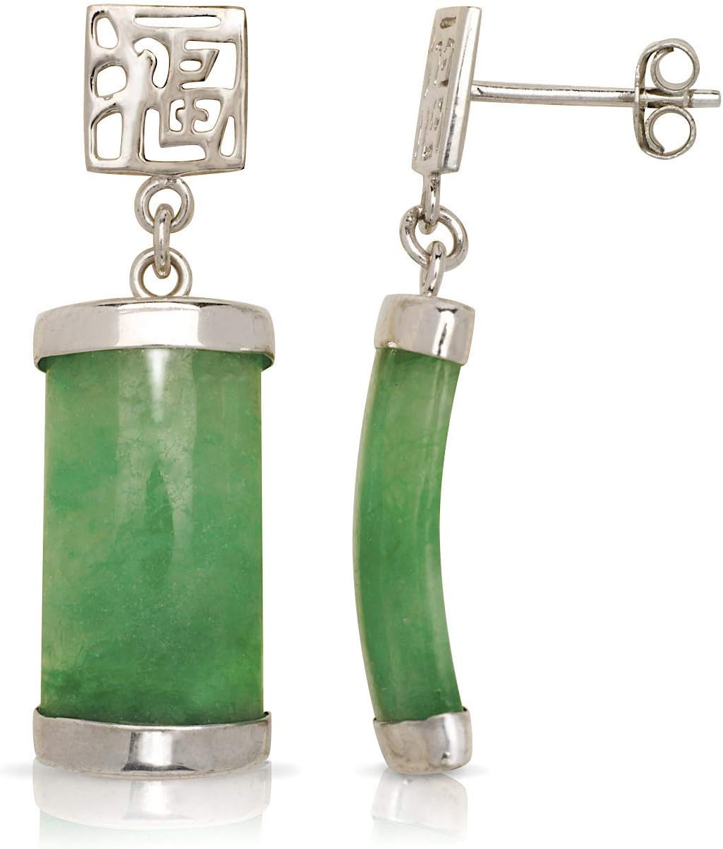 JewelryWeb - Sterling Silver Segment Green Jade Drop Dangle Script Earrings - 8mm x 30mm - Good Luck Earrings for Women