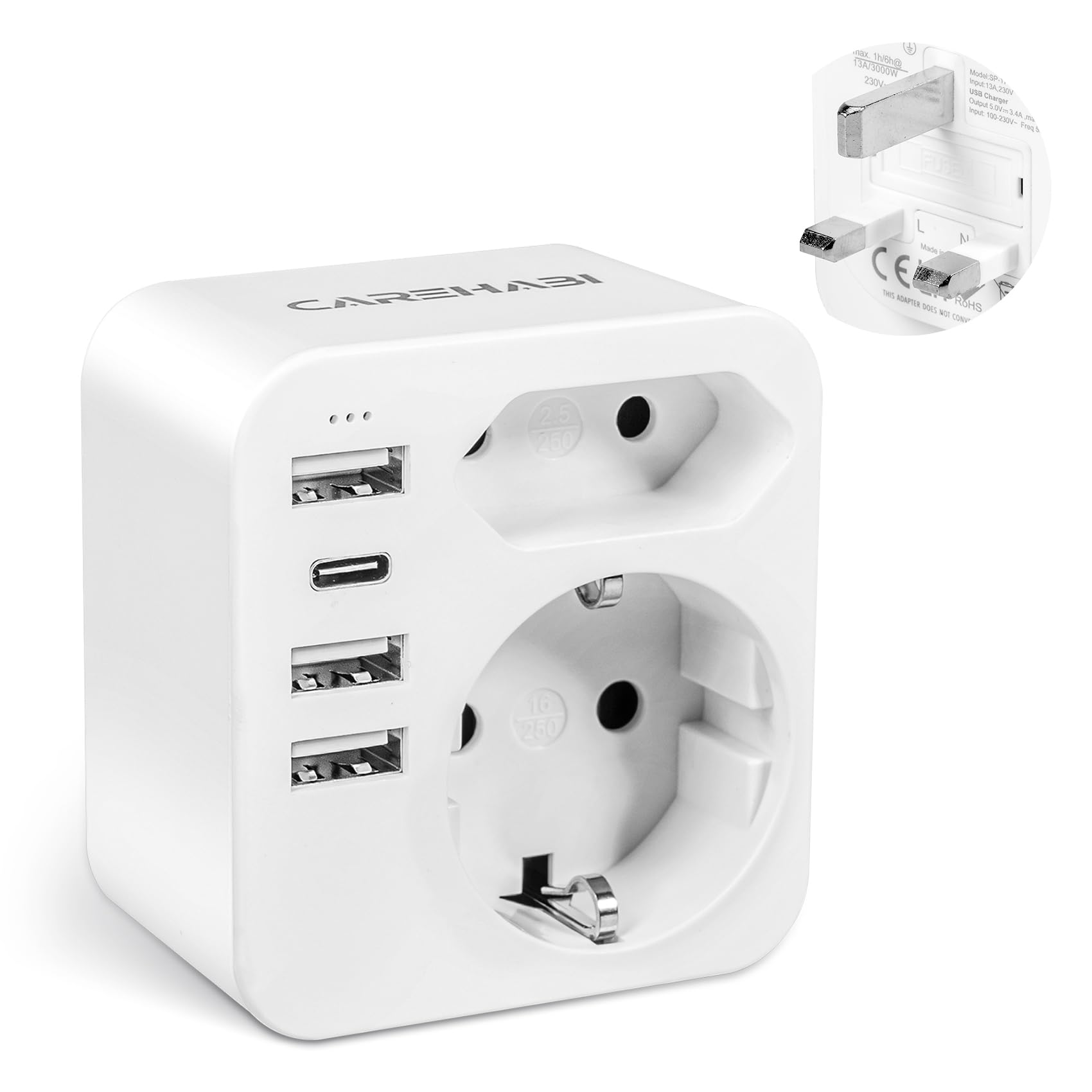 Carehabi Adaptateur Prise Anglaise, Prise Anglaise Adaptateur Francais avec 3 USB-A et 1 USB-C, Type G, Adaptateur UK, Adaptateur Prise Irlande, Prise Type G pour Angleterre Malte Malaisie