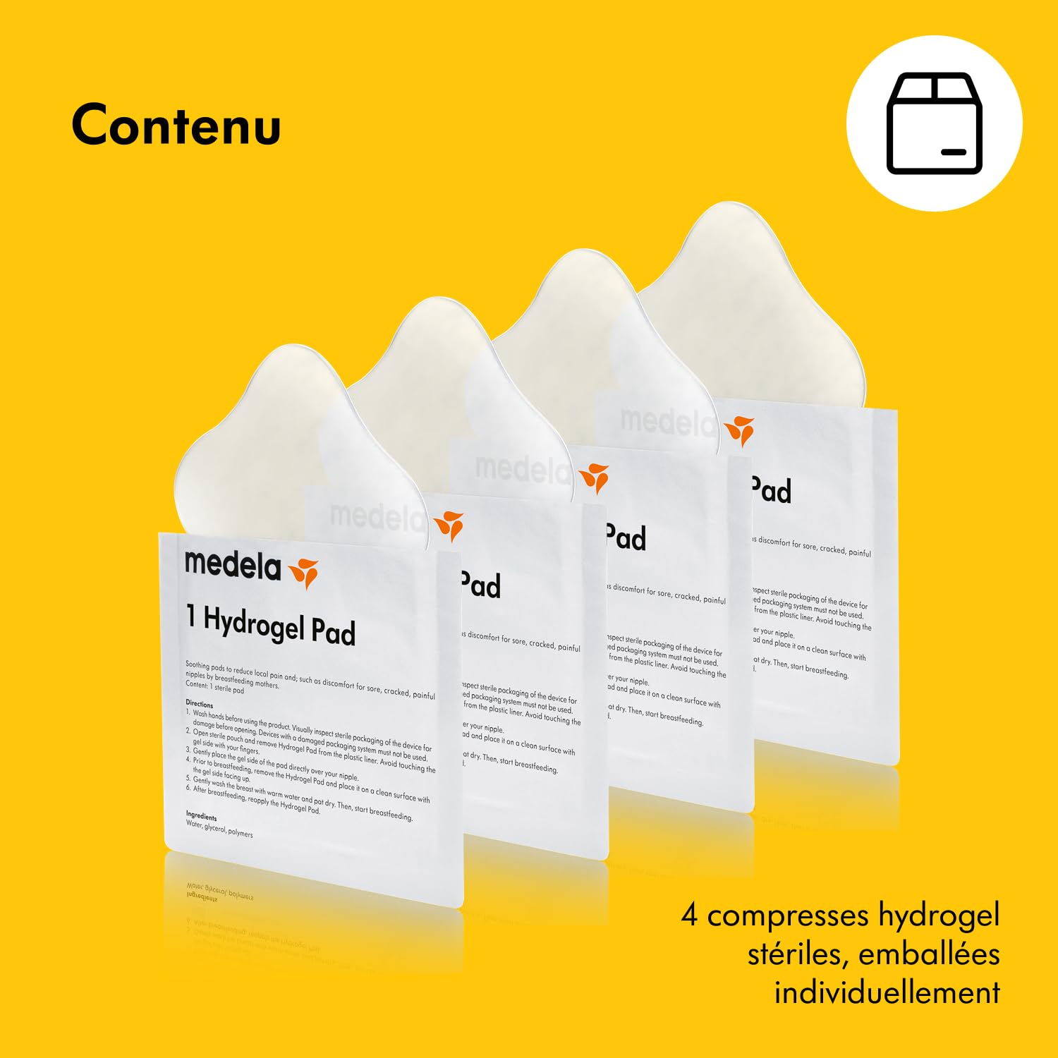Medela Compresses hydrogel réutilisables, soulagement et rafraîchissement instantané pour mamelons douloureux ou crevassés, coussinets stériles, emballés individuellement, lot de 4