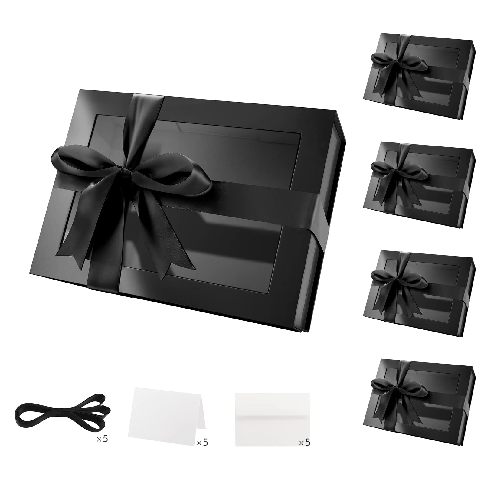 PKGMAGIC 5 scatole regalo nere con finestra, 22,8 x 16,5 x 9,6 cm, scatole regalo chiare per il presente, scatole di proposta Groomsman, scatole regalo con coperchio magnetico