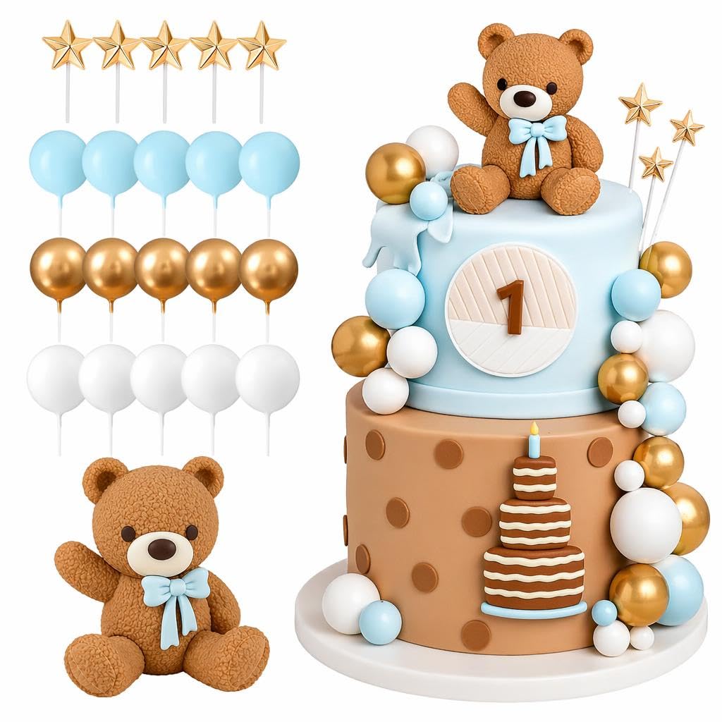 Blue Bear Cake Decorations 21pcs Set Ball Topper for Baby Shower