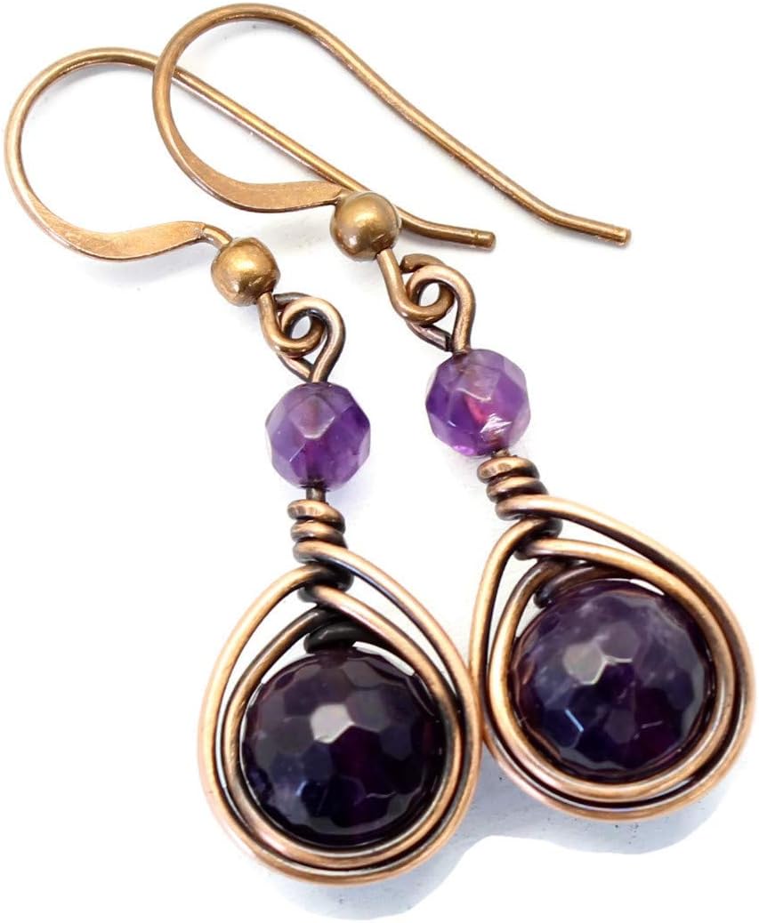 Pillar of Salt Studio Handcrafted Solid Copper Earrings with Dark Amethyst Gemstone (Antiqued Copper, 1" drop)