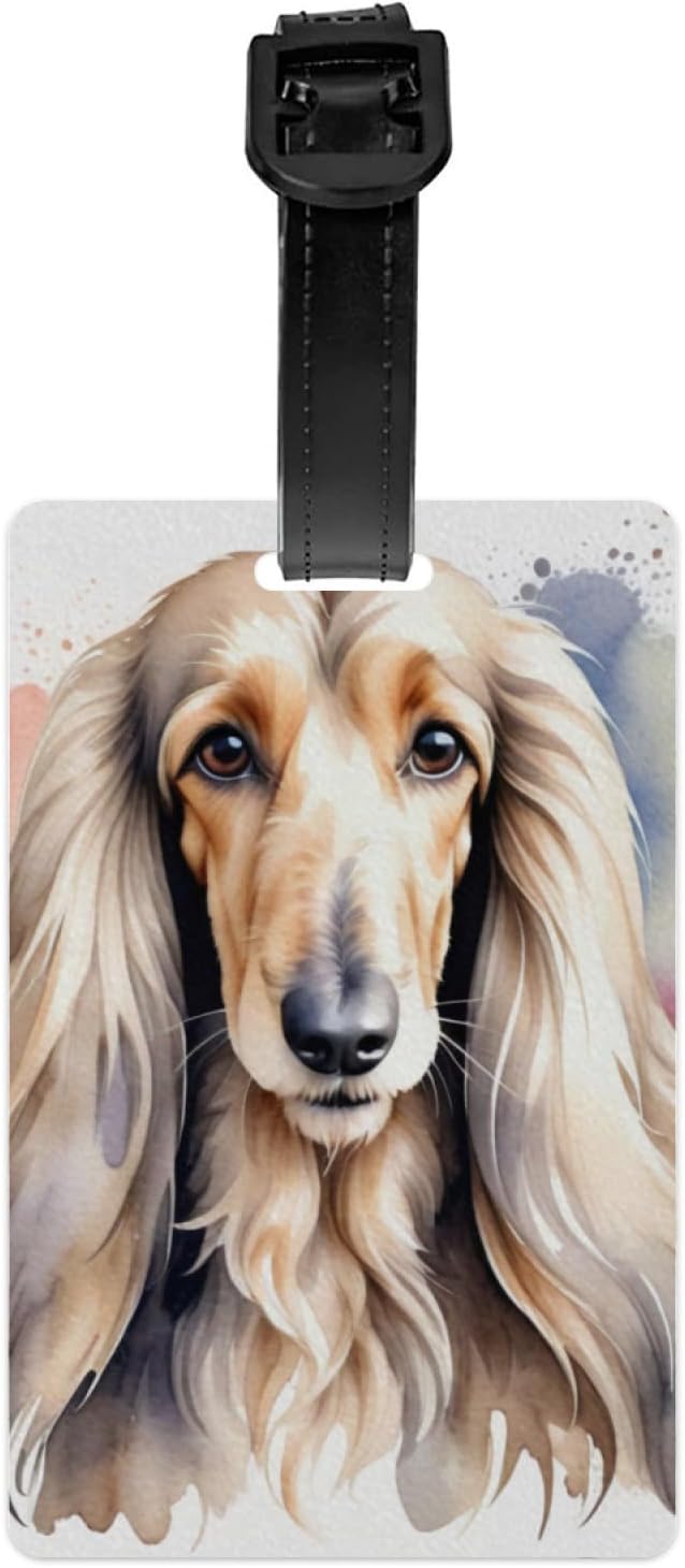 Personalized Luggage Tag Cute Puppies Pet Dogs Novelty Custom Luggage Tags for Suitcases, Bag Watercolor White Afghan Hound Dog Breed Puppy Design Customized Travel, One Piece