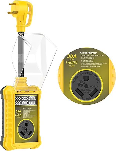 Otytkgo Rv Surge Protector 30 Amp Waterproof,16000 J Upgraded RV Power Surge Protector with Safety Certification, RV Adapter Plug for Camper, Circuit Analyzer for Travel Trailers Yellow